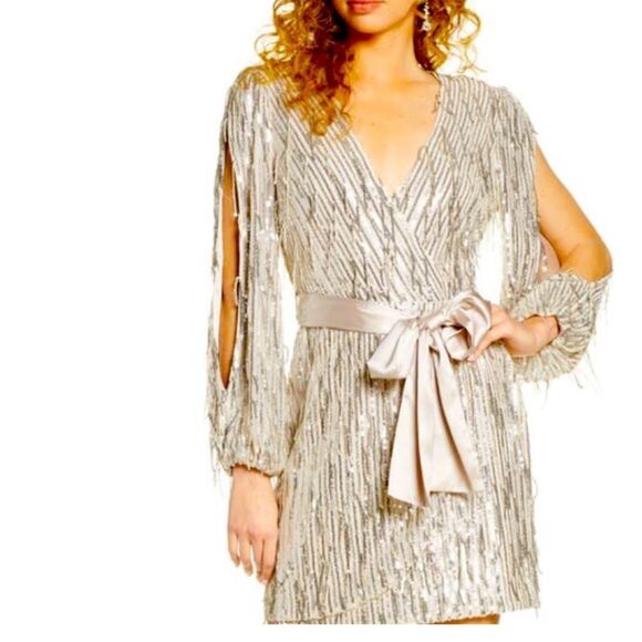 Harlyn Sequin Sparkle Fringe Open Sleeve Mini Wrap Cocktail Dress | S - Picture 1 of 11
